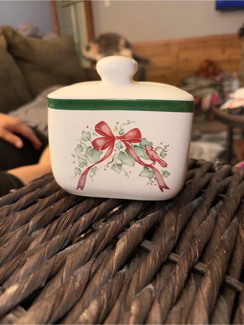 Holiday Ceramic Trinket Box with Red Bow and Green Trim